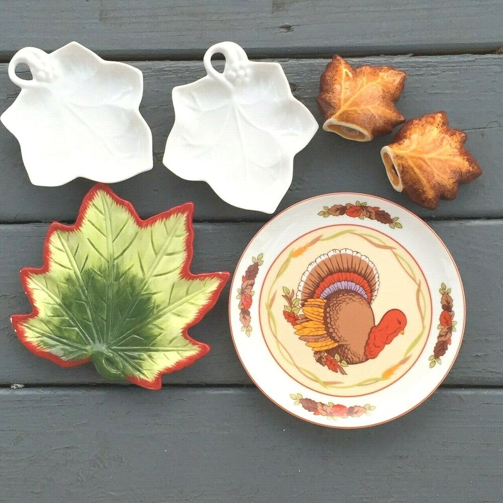 6-Piece Lot Fall Harvest Thanksgiving Turkey Leaf Dish Plate Salt Pepper Shakers